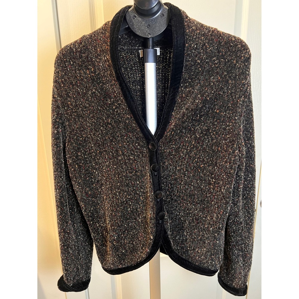 Christopher Banks Cardigan Women L Velvet Trim Dark Academia Fall Classic Chic